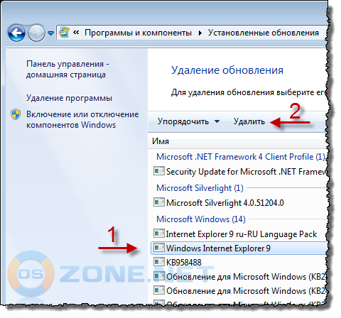 Виділіть в списку Windows Internet Explorer 9 і натисніть Видалити: