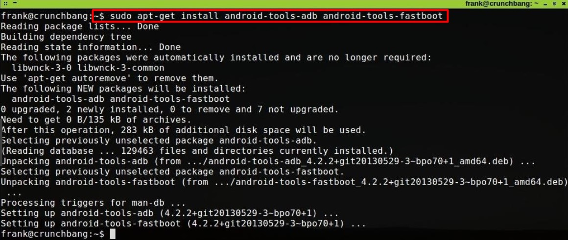 Відкриваємо термінал і уважно пишемо наступну команду, намагаючись не переплутати букви і розставити потрібну кількість прогалин: «adb - sudo apt-get install android-tools-adb android-tools-fastboot»