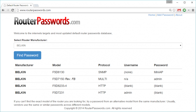 Можна спробувати класичні пари зі словами admin і password, але краще не мучити себе і звернутися за допомогою до веб-сервісу   RouterPasswords