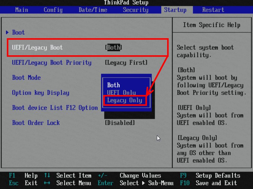 Натиснути кнопку Esc і налаштувати UEFI / Legacy Boot на Legacy Only