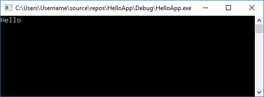 The debugger starts, and a console window appears showing the word Hello