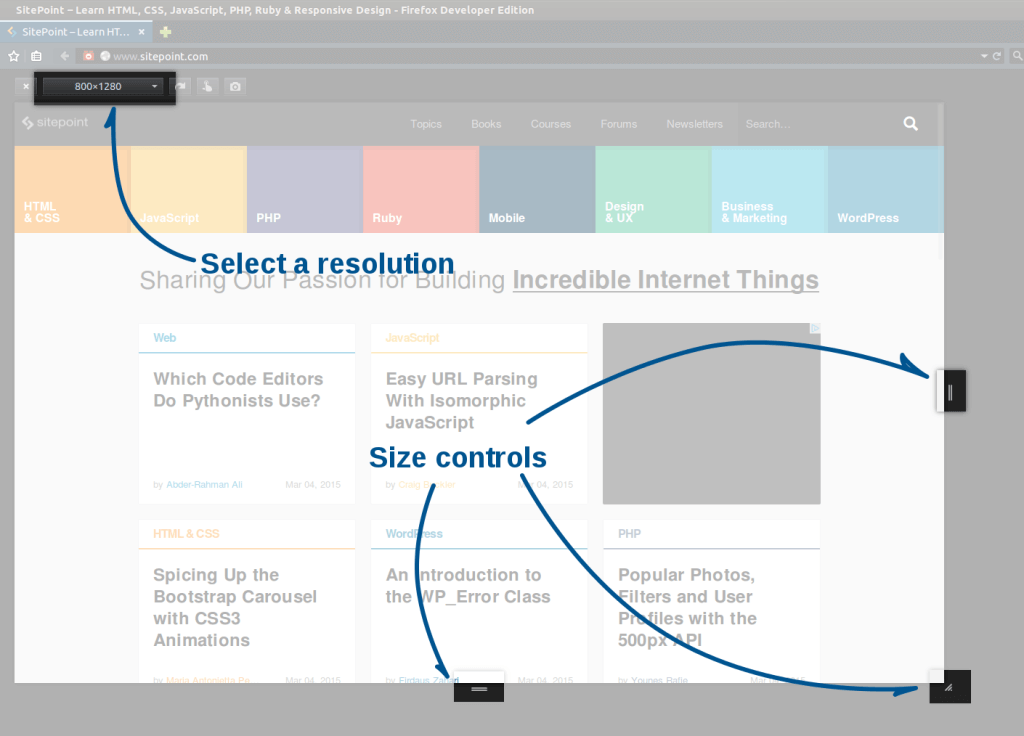 Активувавши чуйний режим, Firefox змінює розмір області видимості, а не вікна
