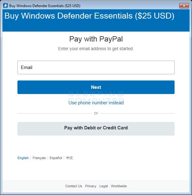 Якщо натиснути на опцію Купити Windows Defender Essentials, то відкриє сторінку PayPal, де вони запросять покупку програми за $ 25